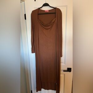 Elegant Brown strapless dress with matching Cardigan